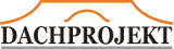 Nasze logo z napisem Dachprojekt z pomarańczowym symetrycznym daszkiem powyżej napisu i poziomą szarą linią pod napisem